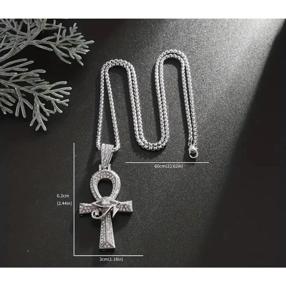 Silver Tone Crystal Ahnk Cross Necklace 23” Faith Pendant Sleek Classic NEW